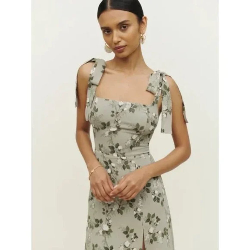 NWOT Reformation Twilight Dress in Verde Green White Floral Midi Tie Straps